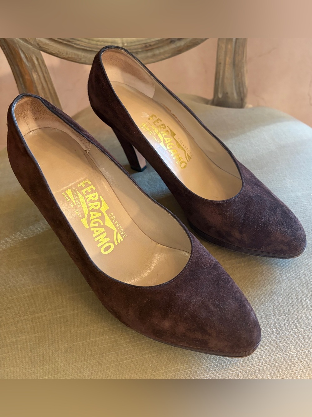 Ferragamo Suede Pointy Toe Pumps 7  Brown